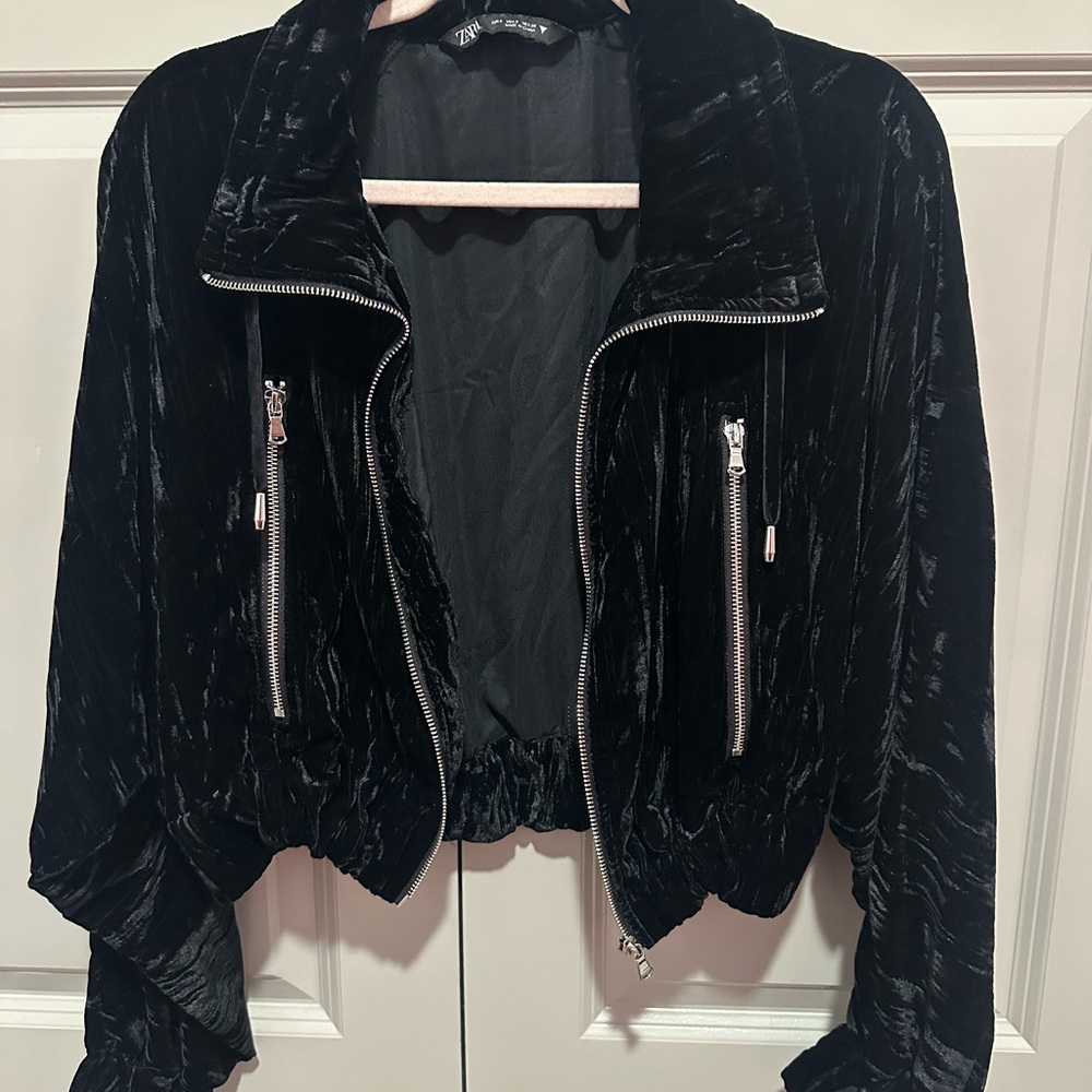 Zara Black Velvet Bomber Jacket with Silver Zippers